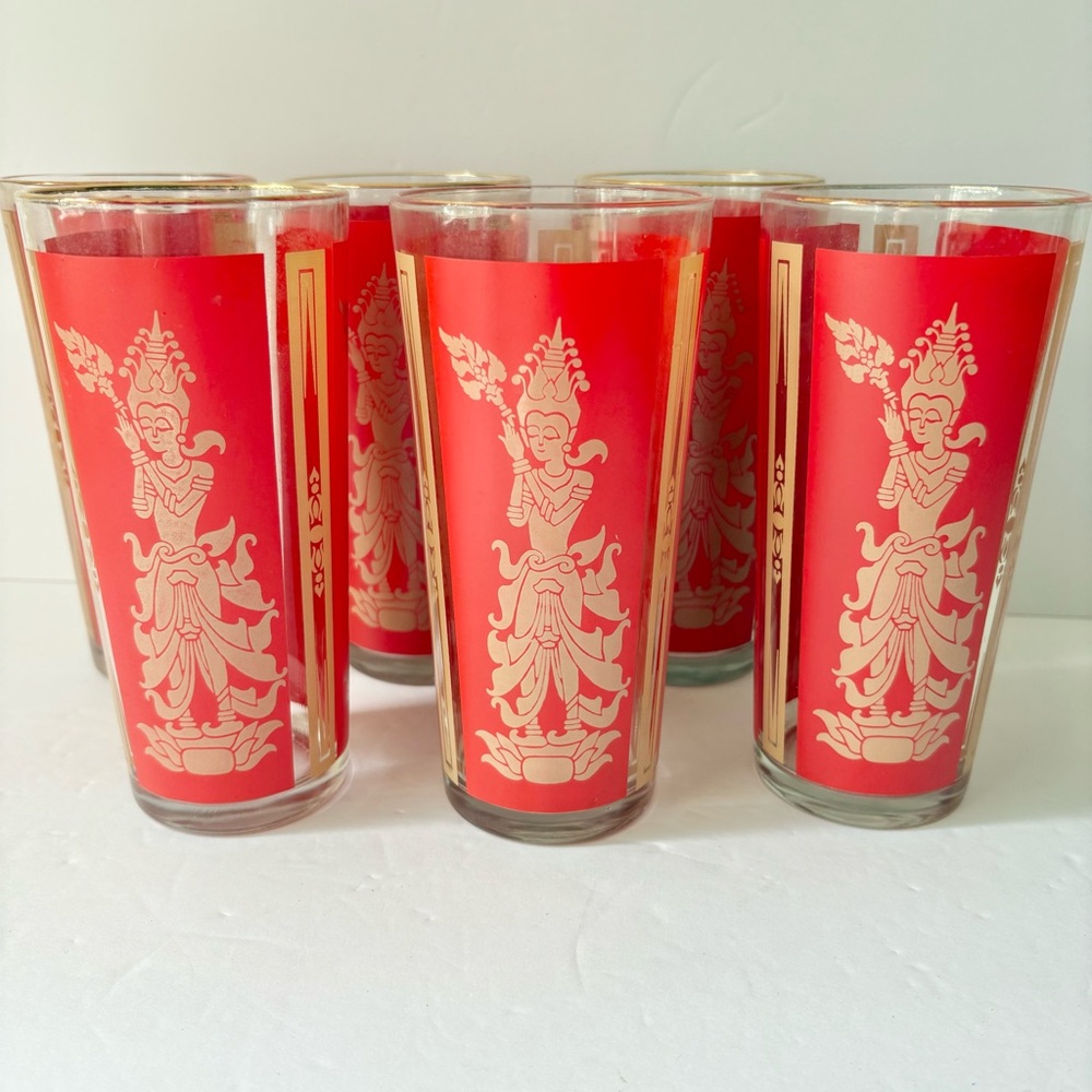 Vintage Culver Red Gold MCM Thai Goddess Highball Glasses Set of 6